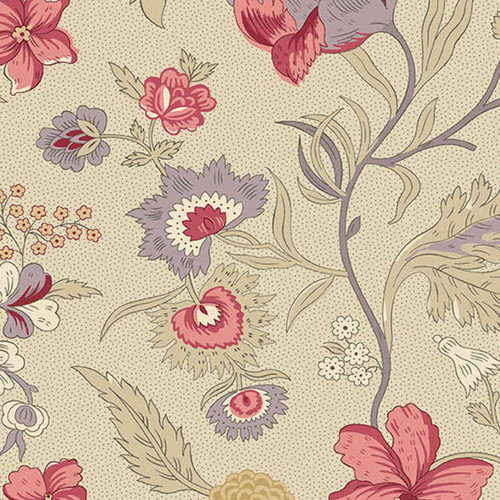 Andover Fabrics Wildflower Cottage Wildflowers Linen—linen beige with pink, lavender and sage vintage wildflower motif cotton print.