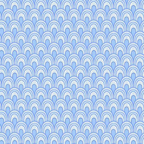 Zander in Frozen Canal fabric featuring repeating pale blue scallop motifs on a light background