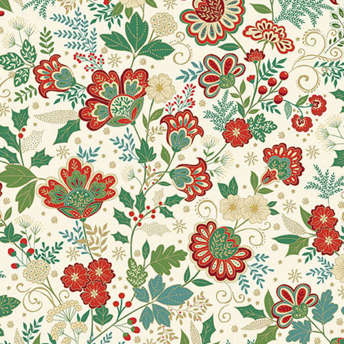 Makower UK Adorn Collection Bloom in Cream metallic quilting fabric with cream background, stylised floral motifs, holly leaves and red berries.