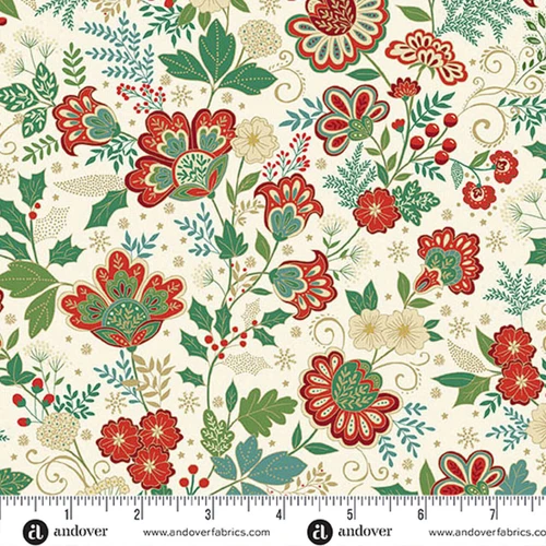 Makower UK Adorn Collection Bloom in Cream metallic quilting fabric shown with ruler for scale, featuring cream background, stylised floral motifs, holly leaves and red berries.