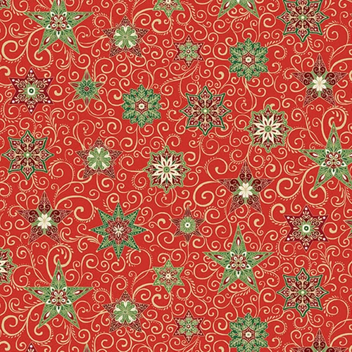 Makower UK Adorn Collection Star in Red metallic quilting fabric with red background, decorative stars, swirling vines and metallic accents.