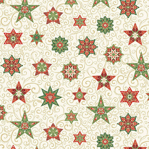 Makower UK Adorn Collection Star in Cream metallic quilting fabric with cream background, decorative stars, gold scrollwork and metallic accents.
