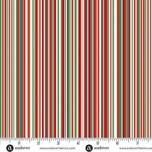 Makower UK Adorn Collection Classic Strip Light metallic quilting fabric shown with ruler for scale, featuring cream, green, red and sage striped design.