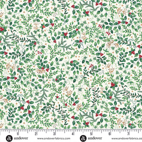 Makower UK Country Christmas Evergreen Light quilting fabric showing holly, ivy, mistletoe, evergreen foliage and red berries on a cream background with ruler for scale
