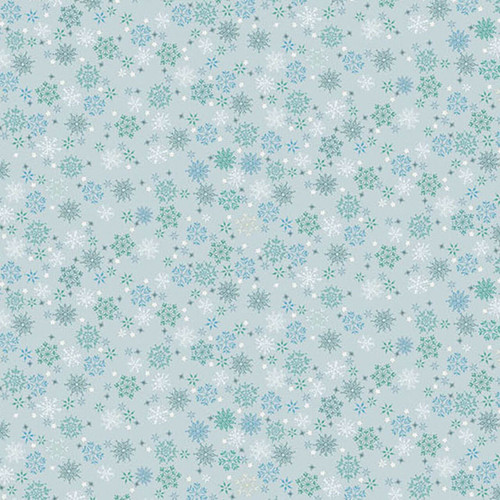 Makower UK Country Christmas Frosty in Blue quilting fabric featuring delicate white, blue and green snowflakes on a soft blue background