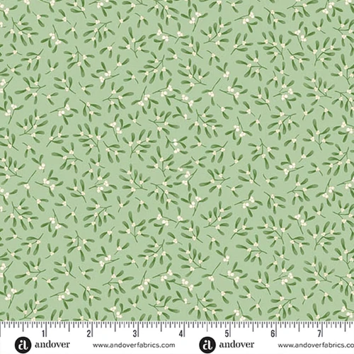 Makower UK Country Christmas Mistletoe in Green quilting fabric featuring delicate mistletoe sprigs with white berries on a soft green background with ruler for scale