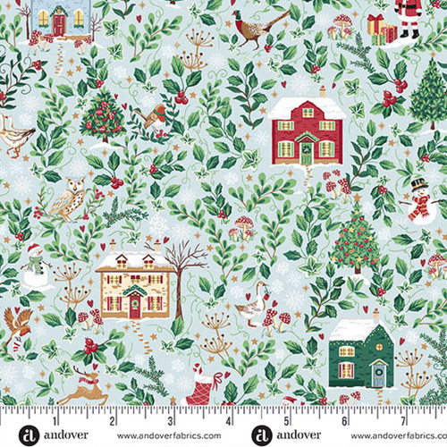 Makower UK Country Christmas Cottages in Blue quilting fabric featuring festive cottages, woodland animals, holly and greenery on a soft blue background with ruler for scale