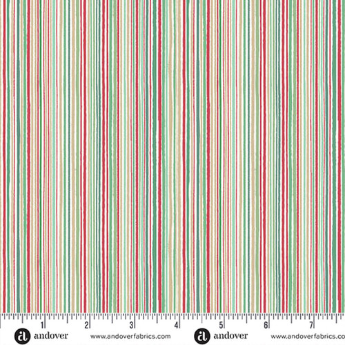 Makower UK Country Christmas Fine Stripe Light quilting fabric featuring narrow festive stripes in red, green, cream and beige on a white background with ruler for scale