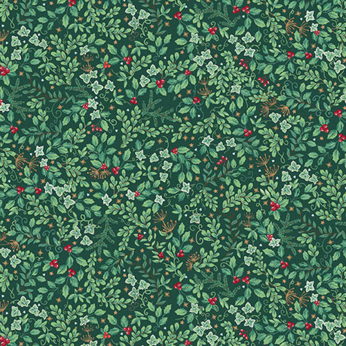 Makower UK Country Christmas Evergreen Dark quilting fabric featuring holly, ivy, evergreen foliage and red berries on a deep forest green background