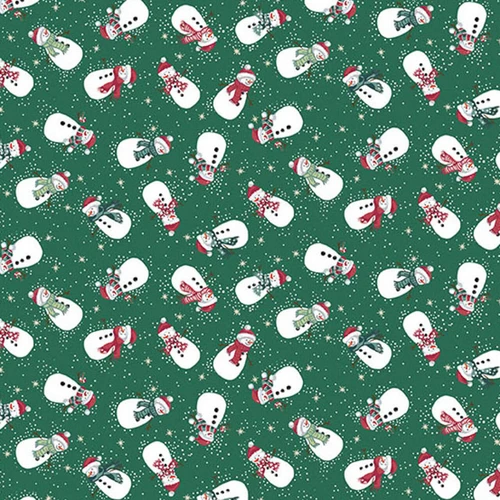 Makower UK Country Christmas Snowmen in Green quilting fabric featuring cheerful snowmen, snowflakes and golden stars on a rich green background