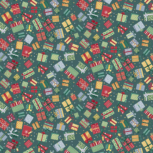 Makower UK Country Christmas Presents in Green quilting fabric featuring colourful wrapped Christmas presents, gift boxes and golden stars on a rich green background