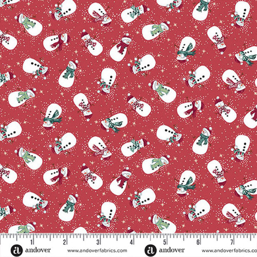 Makower UK Country Christmas Snowmen in Red quilting fabric featuring cheerful snowmen, snowflakes and golden stars on a rich red background with ruler for scale