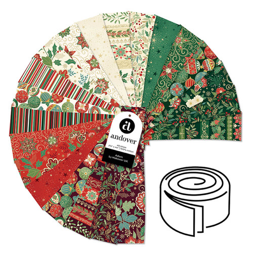 Makower UK Adorn Collection Strip Roll featuring 40 pre-cut 2.5-inch metallic quilting fabric strips in coordinating festive prints.