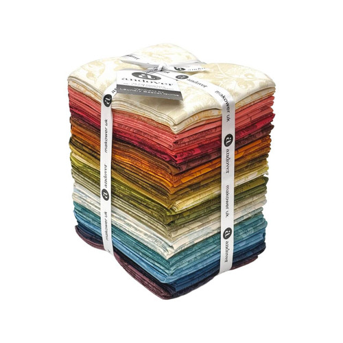Stacked manufacturer-cut Vermont Fat Quarter Bundle containing all 36 coordinating quilting fabrics by Laundry Basket Quilts for Andover Fabrics.