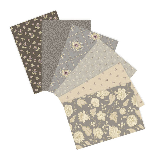 Wildflower Cottage Quiet Garden Bundle featuring six studio cut fat quarters in coordinating charcoal, grey, linen and lavender floral quilting fabrics from the Wildflower Cottage collection by Renee Nanneman for Andover Fabrics.