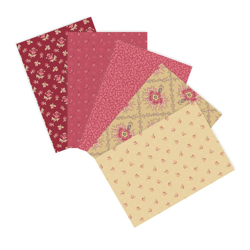 Wildflower Cottage Primrose Bundle featuring five studio cut fat quarters in coordinating primrose yellow, poppy red and floral quilting fabrics from the Wildflower Cottage collection by Renee Nanneman for Andover Fabrics.