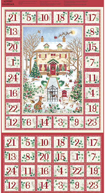 Country Christmas Advent Calendar panel by Makower UK featuring a snow-covered country house, woodland animals, festive foliage and twenty-four numbered advent pockets.