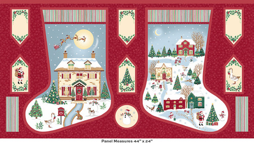 Country Christmas Stocking Panel by Makower UK showing two Christmas stocking designs, bonus fabric gift tags and full 24 x 44 inch panel layout with printed cutting pieces.