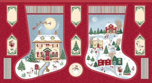 Country Christmas Stocking Panel by Makower UK featuring two festive stocking designs with snowy cottages, woodland animals, Christmas trees and bonus fabric gift tags.