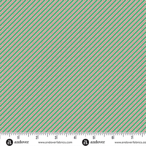 Makower UK The Nutcracker Collection Candy Cane Stripe Green quilting fabric featuring fine diagonal green, cream and red candy cane stripes shown with a ruler for scale.