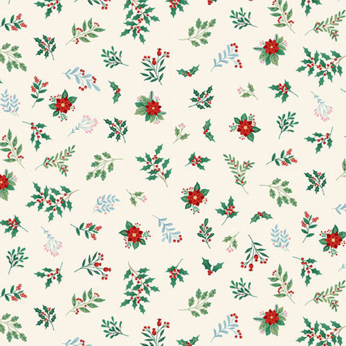 Makower UK The Nutcracker Collection Foliage Cream fabric with red poinsettia flowers, green holly, berries and winter foliage on a cream background.
