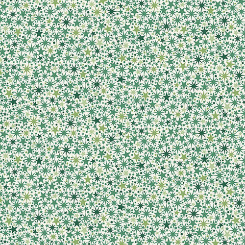 Makower UK The Nutcracker Collection Twinkle Green on Cream fabric with forest, sage and leafy green stars and starbursts on a cream background.