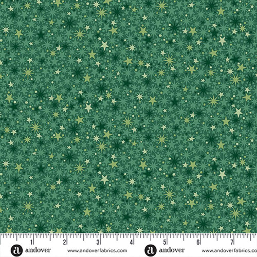 Makower UK The Nutcracker Collection Twinkle Green fabric with layered green stars and starbursts on green, shown with a ruler for scale.