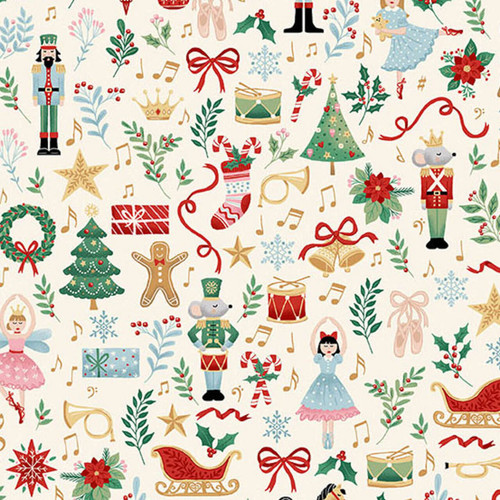 Makower UK The Nutcracker Collection Fairytale Cream fabric with Nutcrackers, ballerinas, Christmas trees, sleighs and festive motifs on cream.