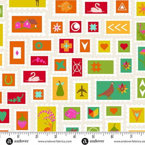 Colourful rectangular icons and motifs arranged in a grid on soft white, from the Color Wheel collection by Alison Glass with ruler