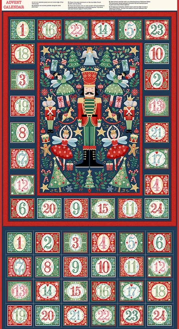 Makower UK The Nutcracker Advent Calendar Panel in green showing the central Nutcracker Christmas scene and 24 numbered pocket pieces ready to cut and sew.