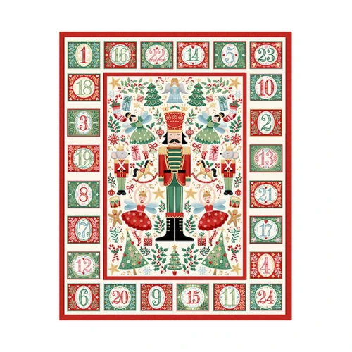Finished Makower UK The Nutcracker Advent Calendar in cream with 24 numbered pockets surrounding Nutcracker soldiers, ballerinas and festive motifs.