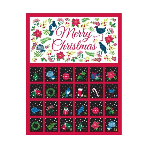 Kiwi Advent Calendar by Nutex assembled with 24 numbered pockets, New Zealand birds, native foliage and colourful Christmas motifs in red, black and white.