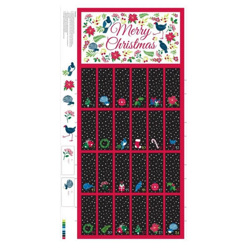 Kiwi Advent Calendar fabric panel by Nutex with Merry Christmas design, 24 numbered pocket sections, New Zealand birds and foliage, and printed sewing instructions.