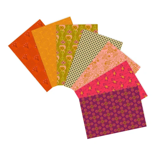 Pop Cloth Bundle 1 by Sew Kind of Wonderful for Free Spirit, seven studio-cut fat quarters in orange, yellow, pink, beige and purple prints