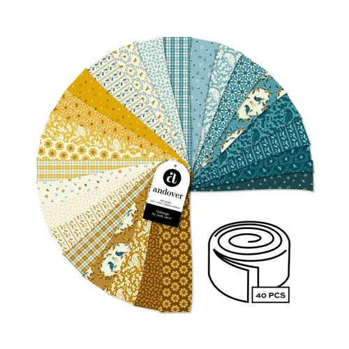 Oakleigh 2.5 inch strip roll by Judy Jarvi for Andover Fabrics showing 40 manufacturer-cut quilting strips in teal, blue, mustard, gold, cream and brown.