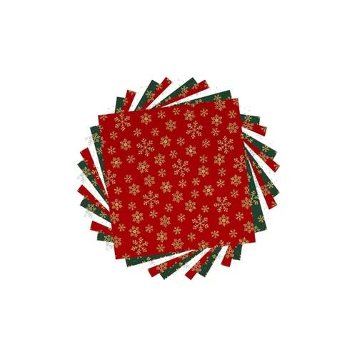 Studio-cut 5 inch Christmas charm pack with 42 John Louden metallic snowflake fabric squares in red, green and white.