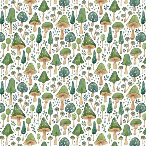 Nutex In The Forest Mushrooms on White quilting fabric with illustrated green mushrooms, toadstools and small botanical sprigs on a white background