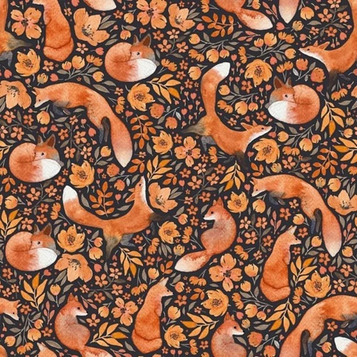 Nutex In The Forest Foxes on Black quilting fabric with russet orange foxes, autumn flowers and leafy branches on a deep black background