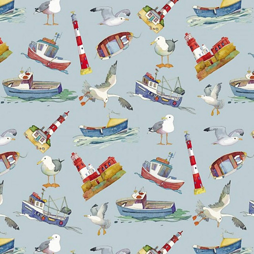 Nutex Lighthouse Blue quilting fabric with illustrated fishing boats, red and white lighthouses and seagulls on a soft blue background