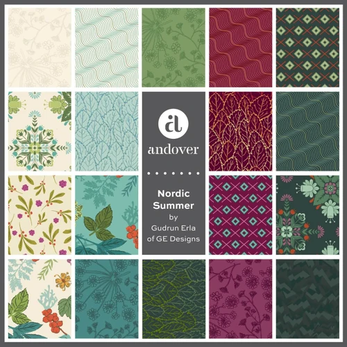 Nordic Summer fabric swatches by Gudrun Erla of GE Designs for Andover Fabrics showing the botanical, foliage, geometric and textured prints included in the precut collection.