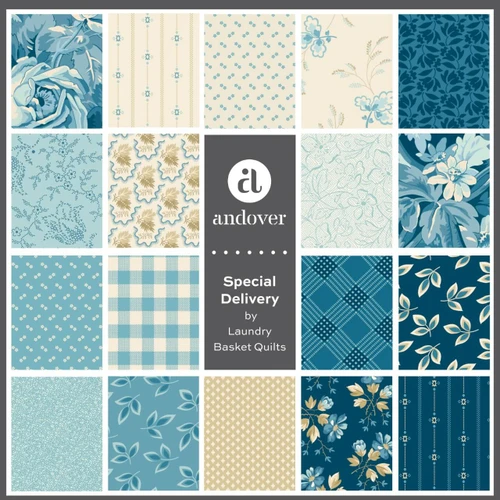 Special Delivery fabric swatches by Laundry Basket Quilts for Andover Fabrics showing the blue, cream and beige floral, leaf, check, stripe and coordinating prints included in the 33-piece fat quarter collection.