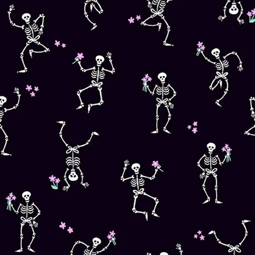 Andover Fabrics Ghostly Garden Skeleton Jig in Black cotton fabric with dancing white skeletons, pink flowers and touches of aqua on a black background