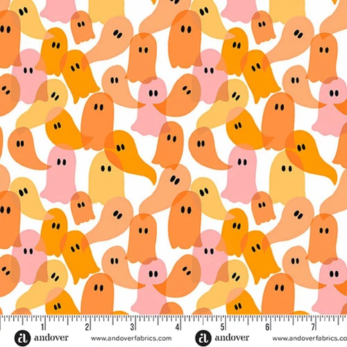 Andover Fabrics Ghostly Garden Ghost Party in Orange cotton fabric with colourful orange, peach, pink and yellow ghosts on white, shown with ruler for scale