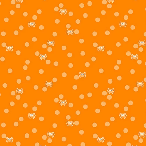 Andover Fabrics Ghostly Garden Spin and Spot in Orange cotton fabric with peach polka dots and tiny white and peach spiders on a vivid orange background
