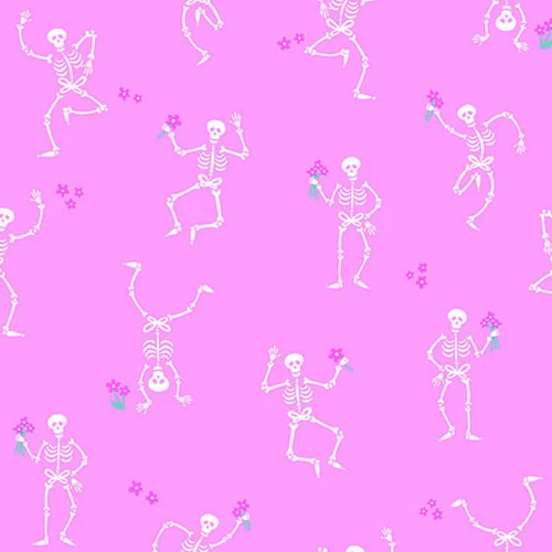 Andover Fabrics Ghostly Garden Skeleton Jig in Pink cotton fabric with dancing white skeletons, deep pink flowers and turquoise-green details on bright pink