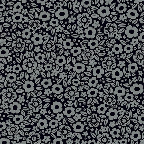 Andover Fabrics Ghostly Garden Floral Fright in Black cotton fabric with silvery grey flowers, tiny blossoms and leaves on a deep black background