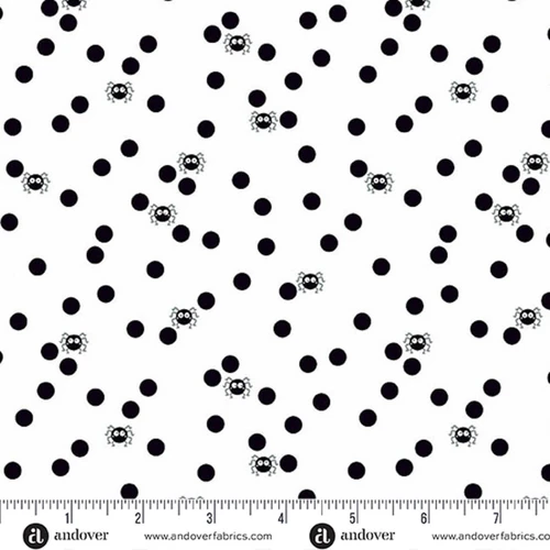 Andover Fabrics Ghostly Garden Spin and Spot in White cotton fabric with black spots and tiny spiders on white, shown with ruler for scale