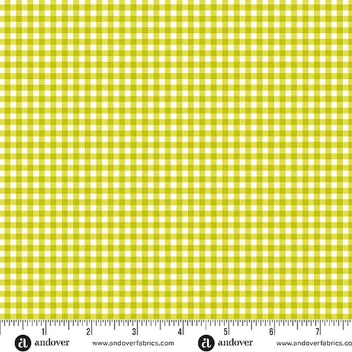 Andover Fabrics Ghostly Garden Bitty Gingham Green cotton fabric with a tiny green and white gingham check, shown with ruler for scale
