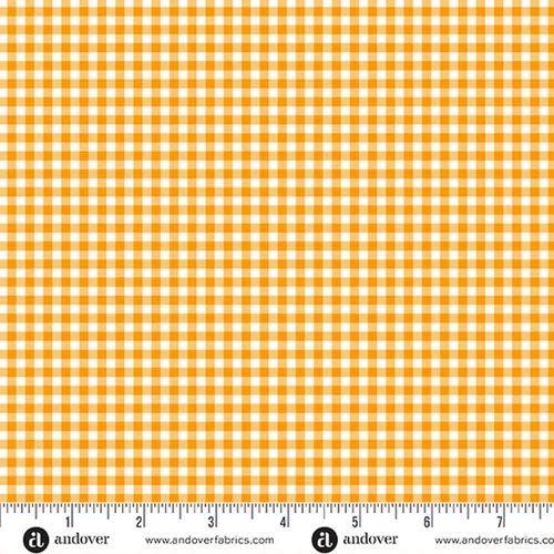 Andover Fabrics Ghostly Garden Bitty Gingham Orange cotton fabric with small orange and white gingham check, shown with ruler for scale
