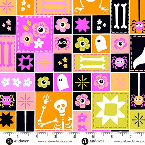 Andover Fabrics Ghostly Garden Sew Spooky Pink cotton fabric with colourful Halloween patchwork design, shown with ruler for scale